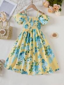 Young Girl Floral Ruffle Jumpsuit For Summer Vacation - Yellow - View 3