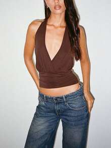 Women's Summer Halter Tops Stylish Solid Ruched Slim Fit Backless Sleeveless Vest - 棕色 - 查看 2