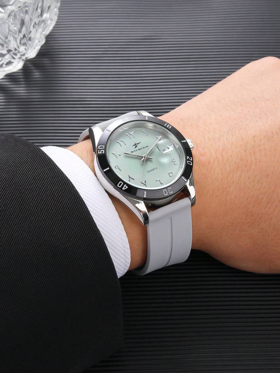RICECGO 1pc Men's Classic Quartz Watch, Silicone Strap, With Date Display, Suitable For Daily Decoration And Wear - Black and White - View 1