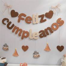 色彩缤纷的粉绿色复古“Feliz Cumpleanos”（西班牙语生日快乐）派对背景墙装饰三角旗挂横幅 - 彩色 - 查看 20