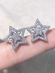 1 Pair Sparkling Rhinestone Star Earrings, Korean Elegant Minimalist Star Stud Earrings For Women, Party & Gift - Silver - View 1