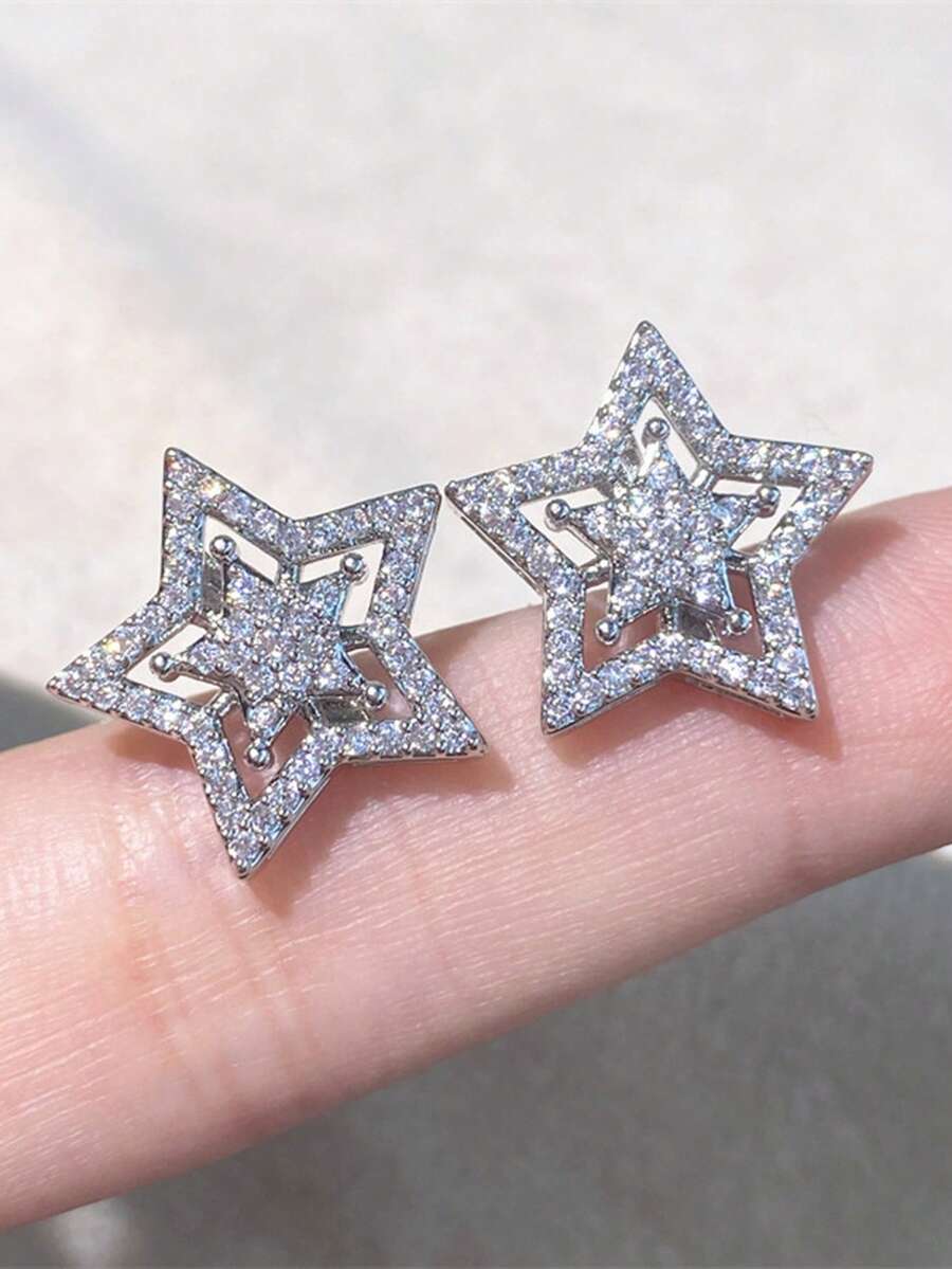 1 Pair Sparkling Rhinestone Star Earrings, Korean Elegant Minimalist Star Stud Earrings For Women, Party & Gift - Silver - View 1