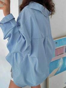 Plus Size Women's Striped Button-Up Shirt, Long Dropped Shoulder Sleeve, Woven Fabric Spring - Blue - View 4