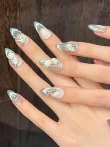 10入中長杏仁形手工穿戴式甲片，派對與日常穿搭適用，藍色美甲，美人魚公主藍色海洋貝殼3D夏季海灘手工美甲藝術，夏季美甲，易穿戴，閃亮亮，適合女孩與女性節慶派對及日常穿搭 - 淺藍色 - 查看 3