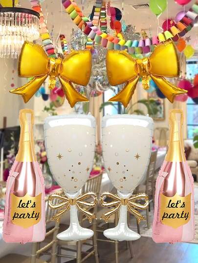 Bộ 6 bóng trang trí tiệc, gồm bóng hình chai sâm panh màu vàng hồng, bóng hình ly rượu vang và bóng hình nơ, thích hợp cho tiệc sinh nhật, kỷ niệm, tiệc độc thân, tiệc cưới, tiệc tối đi chơi của các cô gái.