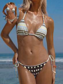 Bộ bikini nữ thanh lịch, kiểu dáng thường ngày, gồm 2 món, họa tiết retro Y2K, in hai mặt, tam giác kẻ sọc chấm bi nâu, phong cách dễ thương, thích hợp cho hồ bơi, kỳ nghỉ hè, tiệc bể bơi, lễ hội âm nhạc, du lịch nhiệt đới, đám cưới. - Đen và trắng - Xem 7