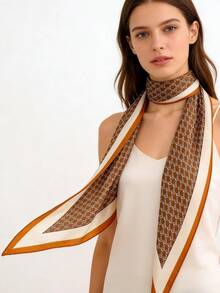 1pc Minimalist Brown Monogram Triangular Scarf, Multifunctional Women's Faux Linen Feel Scarf Shawl, Suitable For Travel, Vacation, Casual, Commuting, Collar Decoration, Fashion Handbag Decoration, Beach, Holiday - Multicolor - View 10