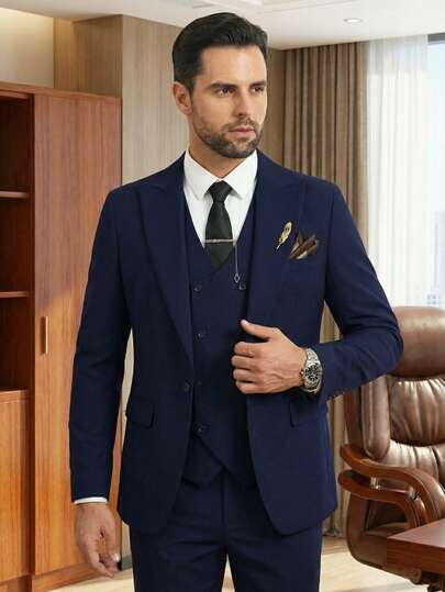 3pcs Navy Blue Slim Fit Formal Suit Set, Including Slim Fit Blazer, Double-Breasted Vest, And Trousers, Suitable For Executive Meetings, Yacht Events, Formal Dinners, As Well As Daily Office Wear, Weddings, And Other Formal Occasions