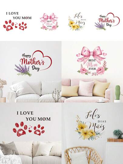 1pc Wall Sticker, Mother's Day Self-Adhesive Waterproof Removable Sticker, Warm Healing Slogan Bow, Rose, Lavender Pattern Wall Decal, Suitable For Mother's Day Party Decoration, Home Decor, Kitchen, Living Room, Bedroom, Bathroom