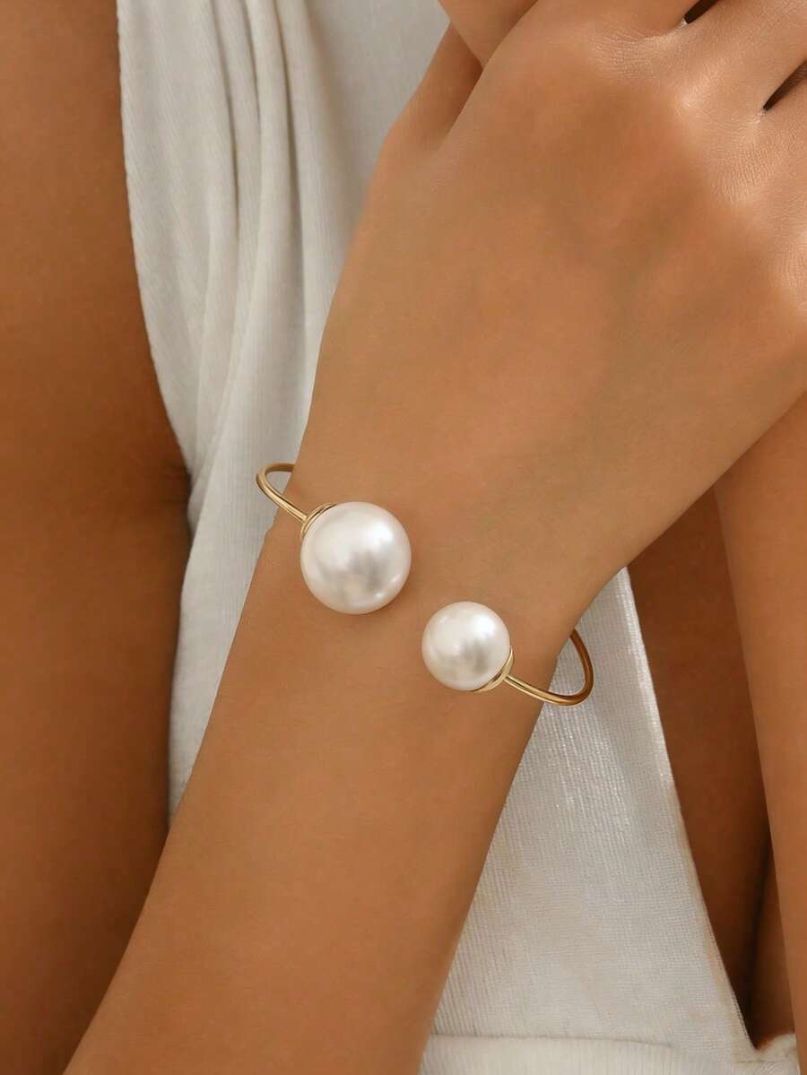 1 pieza Pulsera de acero inoxidable estilo Ins para mujer, diseño de doble perla de perla falsa, brazalete abierto, accesorio de regalo para boda, fiesta de noche y cumpleaños - Blanco - Ver 1