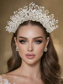 1pc Elegant Faux Pearl Bridal Crown Headband, Suitable For Wedding, Party, Easter - White - View 2