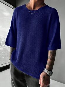 Plus Size Men's Solid Color Crew Neck Casual Loose Knit Short Sleeve Top - Blue - View 4