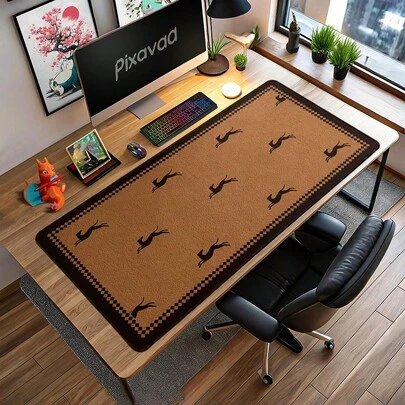 极简奔跑动物剪影大号鼠标垫，复古棋盘格边框桌垫，加长防滑键盘垫，办公游戏桌面保护垫