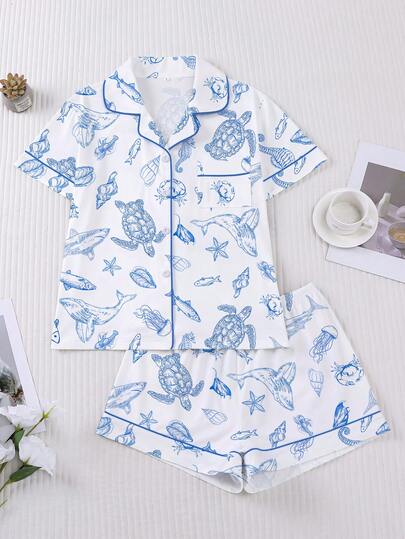 2pcs Spring/Summer Women's Sleepwear Set, Tropical Ocean Summer Element Printed, Romantic Gift, Comfortable Shirt Collar Short Sleeve Top And Loose Elastic Shorts, Nightwear For Party, Casual Outdoor And Home Wear
