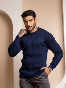 Textured Ribbed Knit Sweater With Crew Neck, Winter 26 - 藏蓝色 - 查看 7