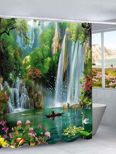 1/4 件装春夏森林图案印花防水浴帘，可作挂毯、防滑浴室垫、U型马桶垫及盖，现代家居装饰，包含12个浴帘挂钩，防水涤纶面料，可机洗，适用于酒店、公寓、浴室装饰、家居用品，是馈赠亲友的理想之选。