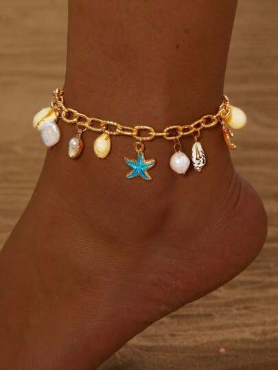 1件时尚百搭夏季海滩度假波西米亚风海星贝壳珍珠脚链，适合海滩、旅行、女性日常装饰、服装搭配、约会、派对、节日礼物