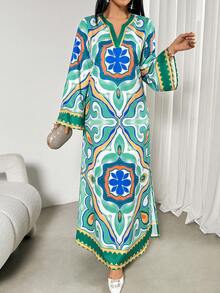 Women's Geometric Pattern V-Neck Long Sleeve Elegant Slit Dress,Elegant Loose Flowy Robe, Luxury Arabic Style Ruffle Sleeve Lightweight Breathable Casual Vacation Abaya Robe Gown, Summer Holiday Outfits , Beach Vacation Outfits,Birthday Outfits,Graduation Outfit,Wedding Party Outfit - Multicolor - View 3