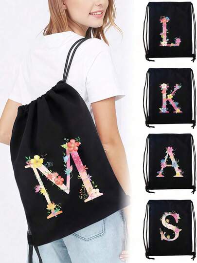 Ba lô dây rút nữ, túi thể thao họa tiết chữ màu vàng hồng có ngăn đựng giày, túi dây rút nhẹ, túi đựng đồ du lịch, túi xách ngoài trời, ba lô thể thao học sinh in chữ.