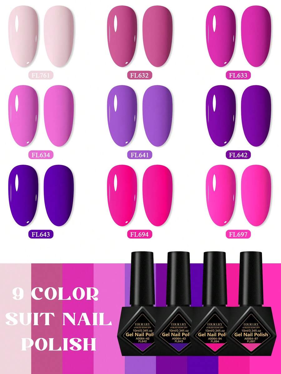 9pcs FOUR LILY 10ml Purple & Pink Nail Polish Set, Tropical Style UV LED Gel Nail Polish Kit - Multicolor - View 1