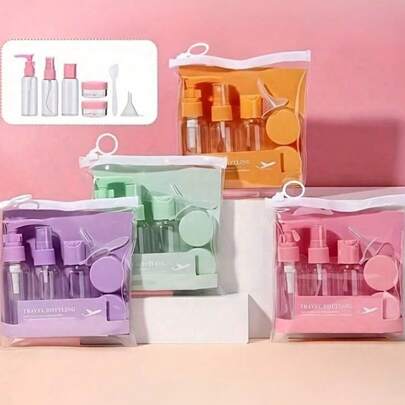 Set de 7 piezas de botellas de viaje rellenables, incluye botellas rociadores, botellas de presión, tarros, tarros de crema - Diseño a prueba de fugas y exprimible adecuado para champú, gel de baño, crema, perfume, loción corporal, jabón de manos, tónico, acondicionador, loción, perfecto para cruceros, viajes de negocios