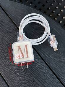 闪亮字母保护套，兼容苹果设备，粉色字母花朵图案波浪设计，兼容20W/30W快充适配器，充电器保护壳，线缆收纳盒，TPU软壳，防刮花配件 - 彩色 - 查看 3