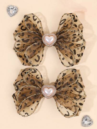 2pcs Brown Mesh Bow Hair Clips, Leopard Crocodile Hair Clips, Fashionable Hair Accessories Suitable For Girls, Teens, Spring/Summer Travel, Wedding, Party Gifts