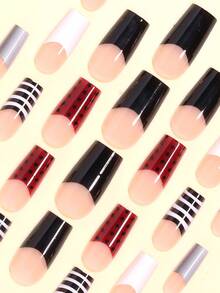 24片中号方形亚克力美甲贴纸，Y2K风格黑白条纹灰色渐变边缘、优雅朋克风酒红色波点、黑白法式裸色底甲，全覆盖式假指甲，适合女性和女孩，附赠1张胶纸和1条随机迷你胶条。 - 彩色 - 查看 4