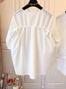 Plus Size Bohemian Style Solid Color Blouse, Regular Length, Asymmetric Hem, 3/4 Puff Sleeves, Comfortable Woven Shirt Spring White - White - View 4