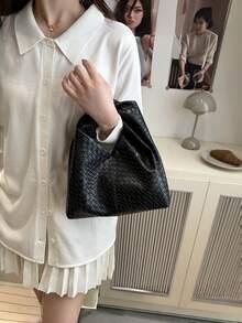 Túi xách vuông xoay bất đối xứng thời trang, ba lô chất liệu PU dệt, túi công sở đa năng tối giản có quai xách tháo rời (mẫu ngẫu nhiên), túi xách đa năng phong cách mới, thiết kế giản dị, túi đeo chéo, túi tote nhẹ dung tích lớn - Nhiều màu - Xem 5