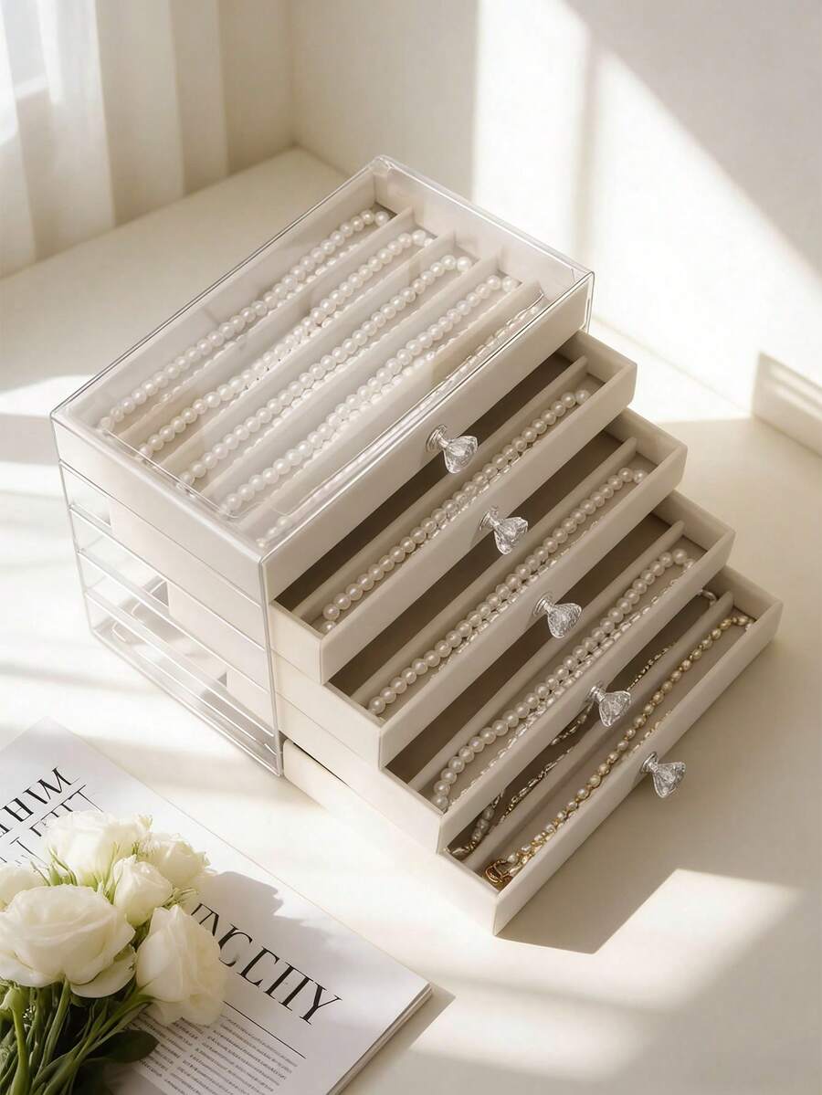 1pc Multi-Functional Jewelry Box, 1/3/5 Layer Necklace Storage Box, Drawer Style Household Jewelry Organizer, Suitable For Earrings