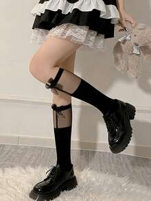 1件，黑色纯色透肤丝袜（带蝴蝶结和蕾丝细节）-哥特萝莉，女学生角色扮演，约会之夜-可爱、性感、优雅。 - 黑色 - 查看 5