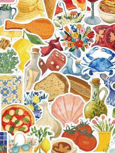 50Pcs Mediterranean Decor Cartoon Mediterranean Diet Stickers Mediterranean Life Mediterranean Food Stickers Ins Stickers Vinyl Waterproof For Laptop Skateboard Water Bottles Scrapbooking Computer Journaling Phone Car