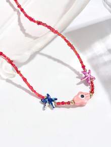 1pc Elegant & Cute Bohemian Ocean Element Ceramic Fish, Starfish, Golden Seashell, Colorful Seed Beads, Rhinestone, Golden Fish Pendant Necklace, Suitable For Beach, Party, Daily Wear, Great Gift For Graduation, School Opening Season. The Mixed Color Seed Beads May Be Different From The Official Image, Which Is A Normal Phenomenon Due To The High-Temperature Ceramic Painting Process. - Multicolor - View 16