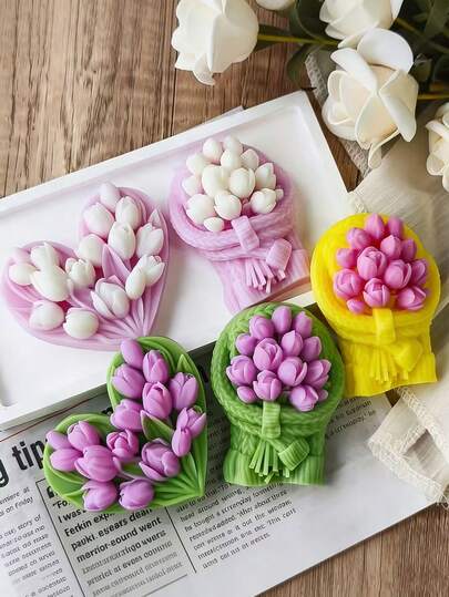 心形郁金香蜡烛硅胶模具，DIY石膏香石手工皂模具，情人节母亲节节日装饰，3D立体易脱模汽车郁金香模具，自制工艺品工具