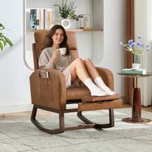 Rocking Chair, Relax Rocking Chair, Nursing Chairs, Accent Rocking Linen Chair With Side Pockets & Wooden Legs, Comfy Reading Nursery Armchair For Living Room Restaurant Or Lounge - 棕色 - 查看 4
