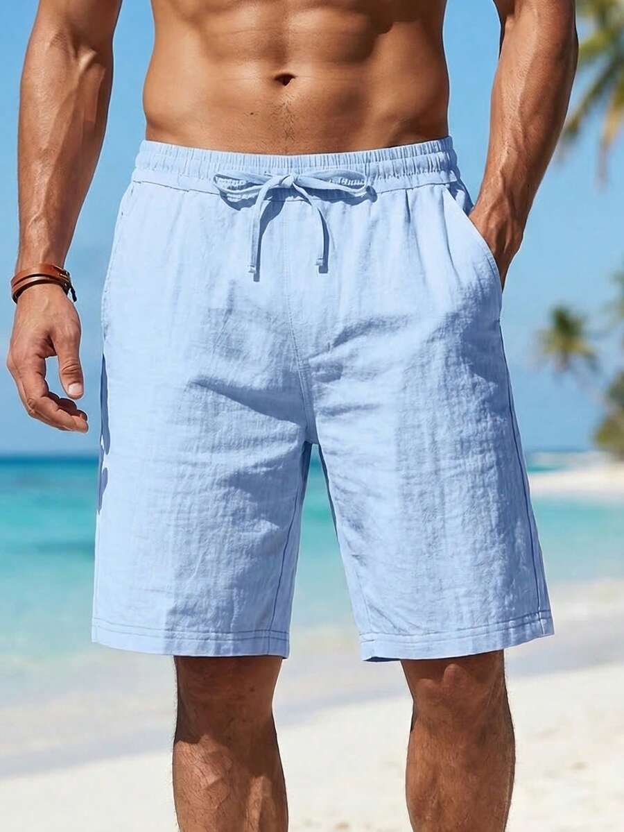 Men's Lightweight Linen Breathable Casual Beach Shorts, Loose Fit, Summer - Baby Blue - View 1