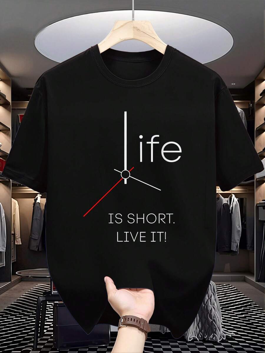 Camiseta cómoda para hombre "LA VIDA ES CORTA". ¡VÍTENLO! Camiseta Gráfica Atrevida - Negra con Diseño de Tiempo en Blanco y Rojo, Camiseta de Manga Corta con Cuello Redondo Transpirable, Corte Regular, Ropa Casual Urbana, Comodidad para Todas las Temporadas, Camiseta Lavable a Máquina para Confianza y Estilo Diario, Ropa de Ocio, Ropa Moderna, Diseño Minimalista, Life I Short Live It, Camiseta Gráfica para Hombre, Camiseta Gráfica para Hombre, Camiseta Gráfica para Hombre, Camiseta Gráfica Vintage, Camiseta para Hombre, Camiseta Vintage para Hombre, Camiseta Oversize para Hombre, Camiseta de Diseñador Transpirable-Suave-Ligera-CómodaSuave - Negro - Ver 1