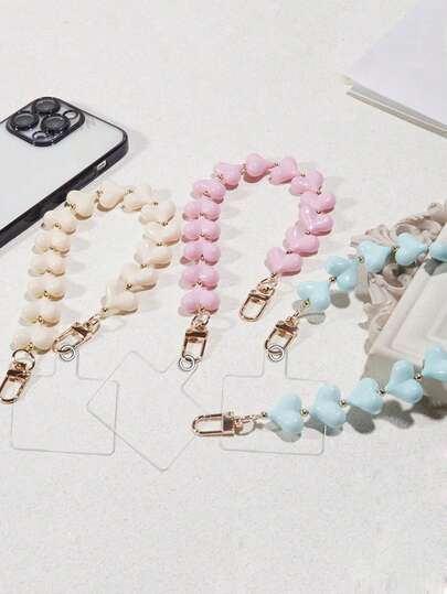 1 stuk luxe metalen kralen hartvormig telefoonkoord in roze, wit of beige, handgemaakte kralen polsband, elegante bedelhanger, inclusief telefoonclip