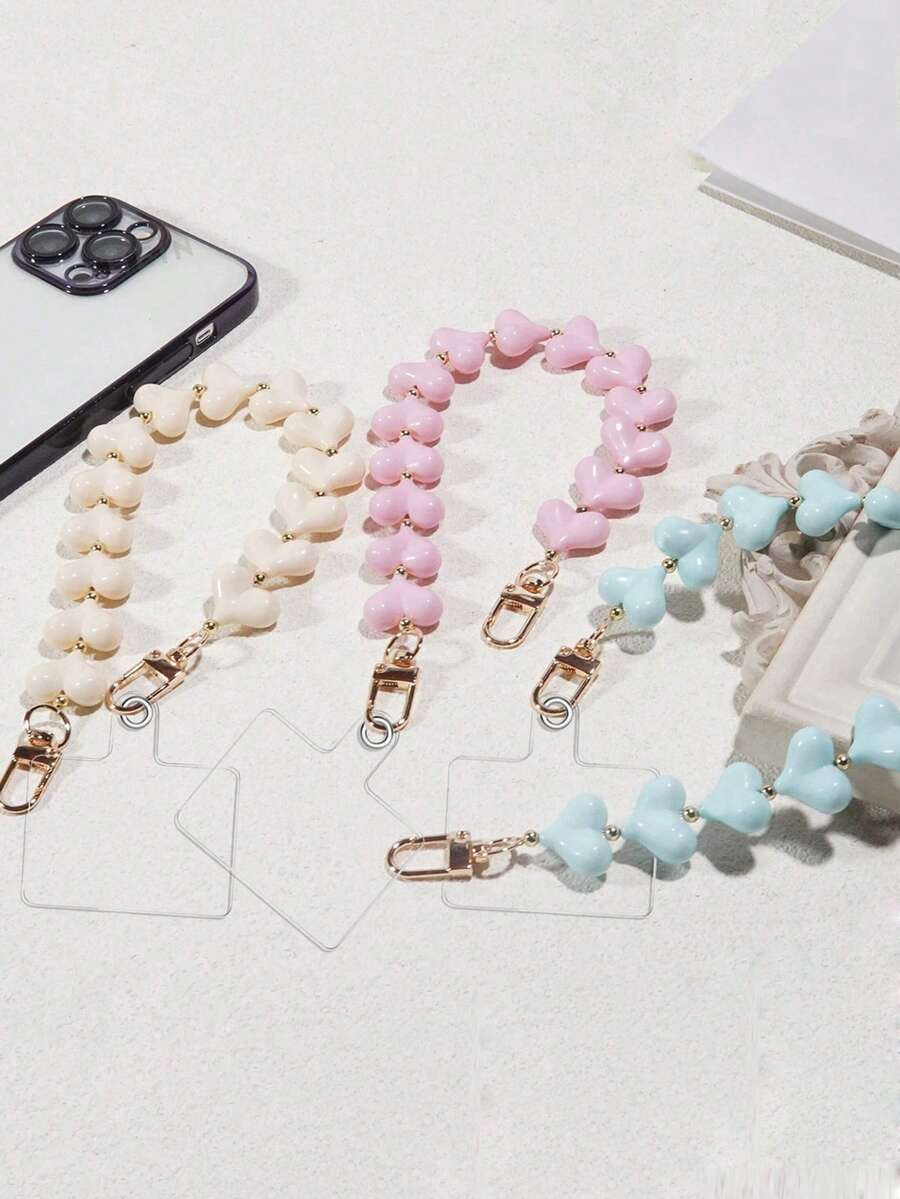 1条奢华金属珠心形手机挂绳，粉色、白色、米色可选，手工串珠腕带，优雅吊坠，含手机夹 - 彩色 - 查看 1