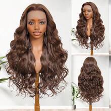 Bob 透明 13x4 高清蕾丝前假发，180% 密度，自然波浪卷发，巧克力棕色，耐热合成纤维混纺人发，带婴儿绒毛，女士款 - 棕色 - 查看 2