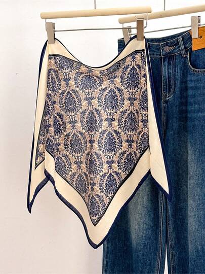 1条优雅藏蓝色三角边围巾，多功能女士仿棉麻质感围巾披肩，适合旅行、度假、休闲、通勤、领口装饰、时尚手提包装饰