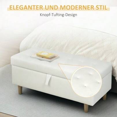Upholstered Stool With Storage, Wooden Stool Legs, Soft Fabric Stool Front, Off-White