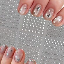 6 piezas Pegatinas de uñas de metal plateado con estrellas - Pegatinas de arte de uñas con estrellas 3D autoadhesivas brillantes y letras inglesas retro, decoraciones de uñas con estilo Y2K de estrellas, adecuadas para uñas acrílicas, decoración de arte de uñas DIY para fiestas y looks diarios, suministros para uñas - Plateado - Ver 3