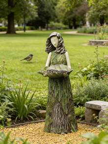 森林主题树脂花园雕塑（喂鸟器）——蕨类和树皮纹理，适合盛放鸟食。是花园小径、庭院角落和后院的理想之选。增添自然生机，是打造时尚实用展示空间的热门户外装饰品。 - A - 查看 3