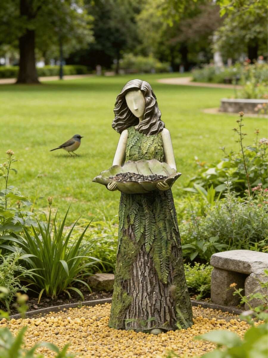Waldthema Gartenskulptur aus Harz (Vogelfutterstation) - mit Farn- und Borkenstruktur, geeignet für Vogelfutter. Ideal für Gartenwege, Hofecken und Hinterhöfe. Verleiht eine natürliche und fantasievolle Atmosphäre, ein beliebter Outdoor-Dekorationsartikel, der einen modischen und praktischen Präsentationsraum schafft. - A - Übersicht 1