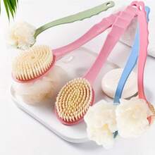 1支双面软毛长柄去角质刷，适用于背部擦洗、按摩和去角质，二合一沐浴刷 - 彩色 - 查看 4