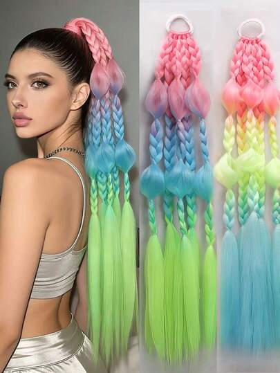 24 Inch Hand-Braided Colorful Bubble 3-Strand Braid, Heat-Resistant Synthetic Hair Ponytail, Perfect For Festivals & Parties