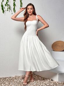 Elegant White Mid-Length Spaghetti Strap Ruffle Back Sleeveless Dress, Casual Bohemian Style For Summer - White - View 4