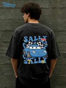 Disney Officially Licensed Vintage Washed Blue Racing Car Cartoon Graphic T-Shirt, Premium 100% Cotton Fabric, Unisex Regular Fit Short Sleeve Tee, Front & Back Double Print Design, Retro Racing Style With Checkered Flag Accents, Perfect For Casual Wear, Street Style, Racing Fans, And Holiday Gift Giving, Ideal For Fans Of Nostalgic Cartoon Racing Aesthetics - 黑色 - 查看 2